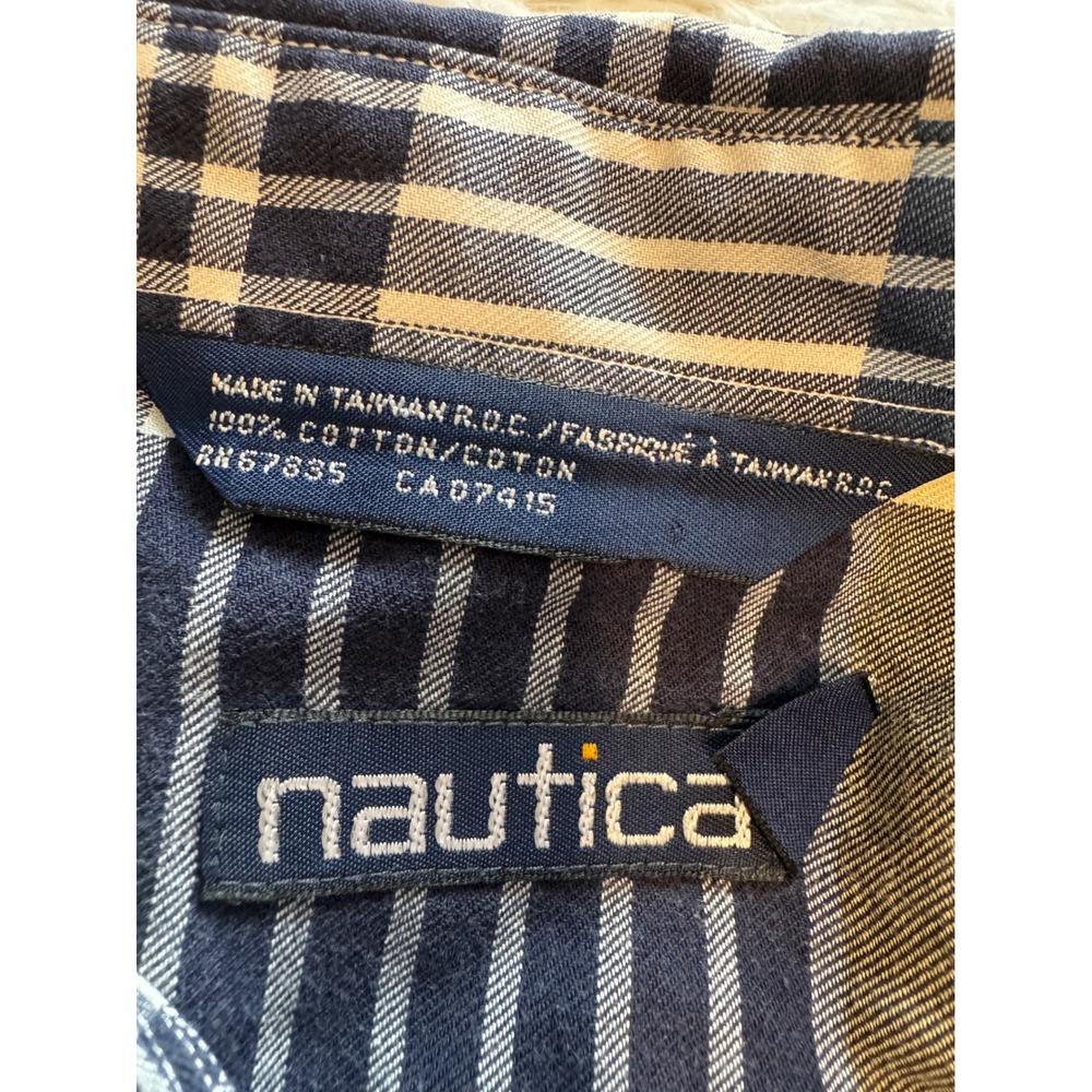 Nautica Mens Blue Yellow White Plaid Long Sleeve Button Down Cotton Shirt L